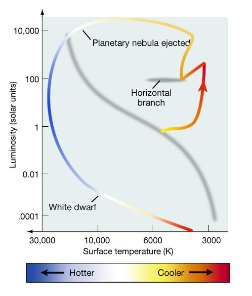 Graph showing the complete evolutionary track on an HR diagram of a Sun-like star, which traces the changes of its temperature and luminosity as it evolves from a Main Sequence star, to a Red Giant, to a White Dwarf.