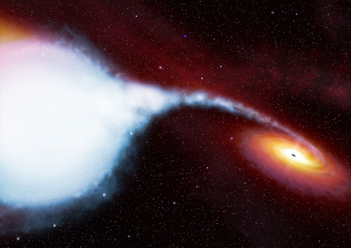 Artist's illustration of Cygnus X-1 black hole binary, explained in caption and text