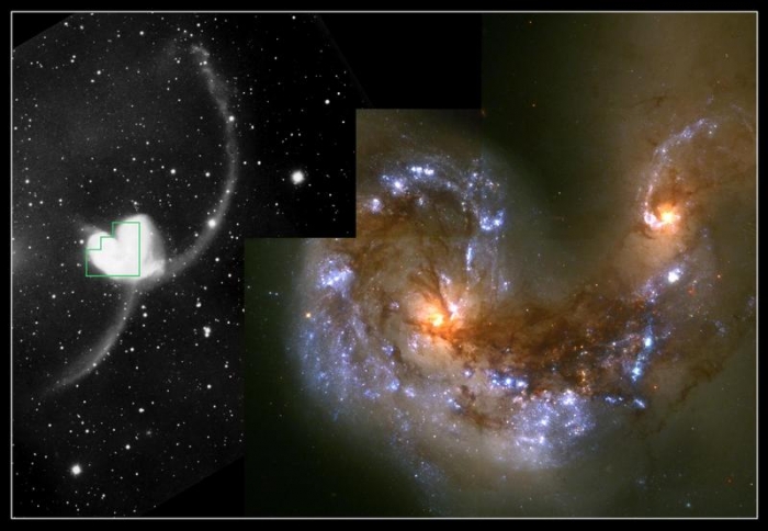 Hubble image and ground-based image comparison of the Antennae Galaxies, showing the two galaxies next to each other