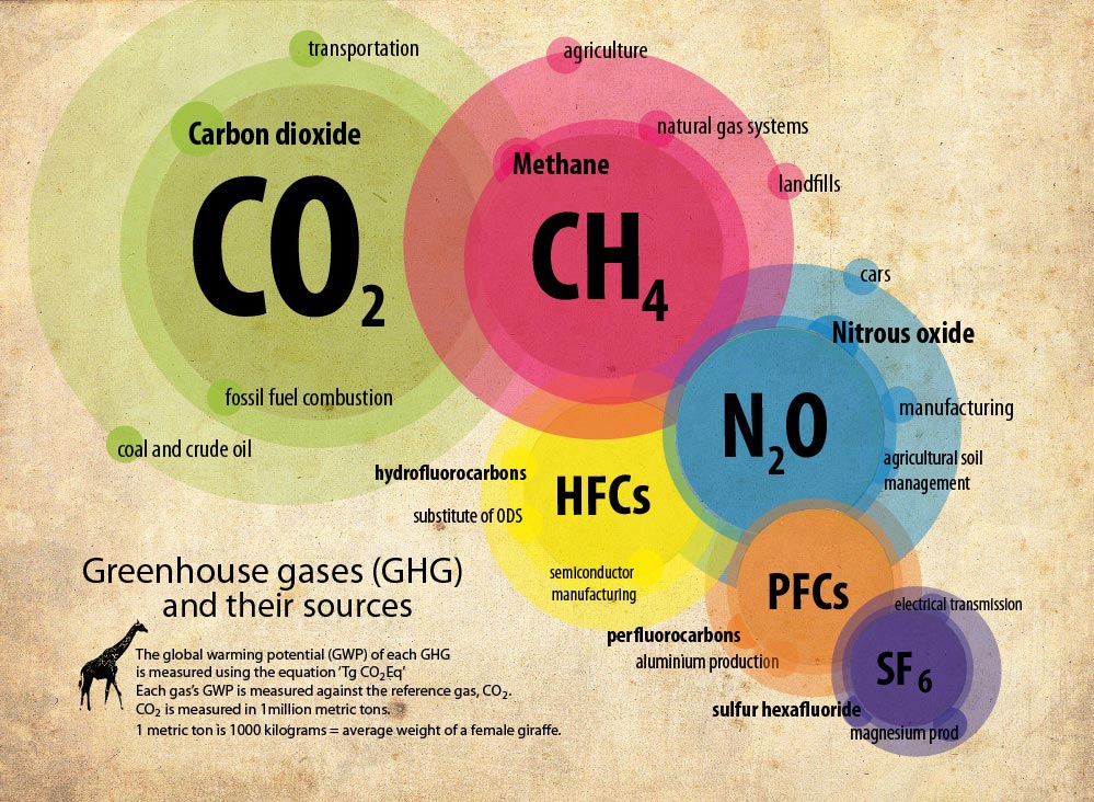 Graphic showing the components of greenhouse gas and their sources, gases: CO2, CH4, N2O, HFCs, PFCs, SF6 