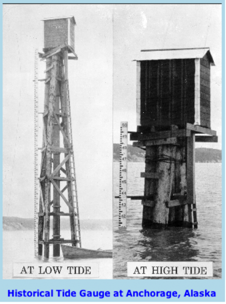 Tide gauging station from Anchorage, Alaska, shown at low tide and high tide