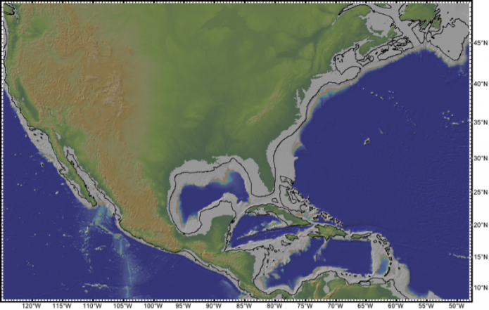 Elevation map of part of North America showing approximate position of shoreline during last glacial maximum, see image caption