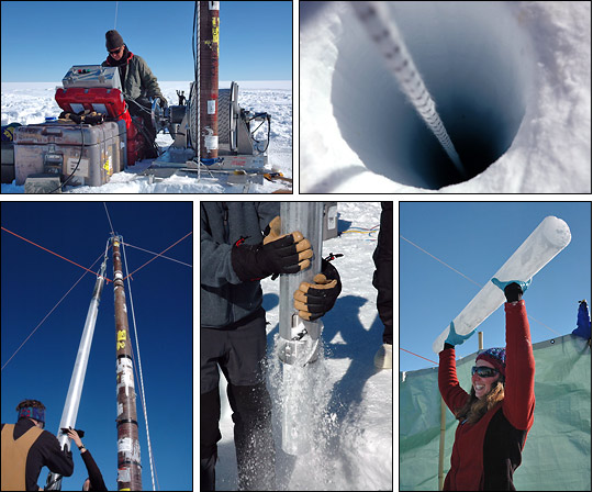 Drills and other equipment used to extract cores from ice sheets.