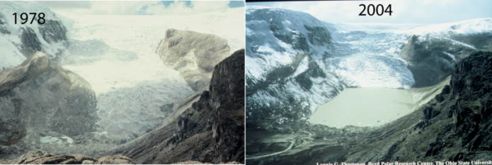  Qori Kalas Glacier Andes Mountains, Peru, 1978 and 2004 showing how much it has retreated (a lot!)