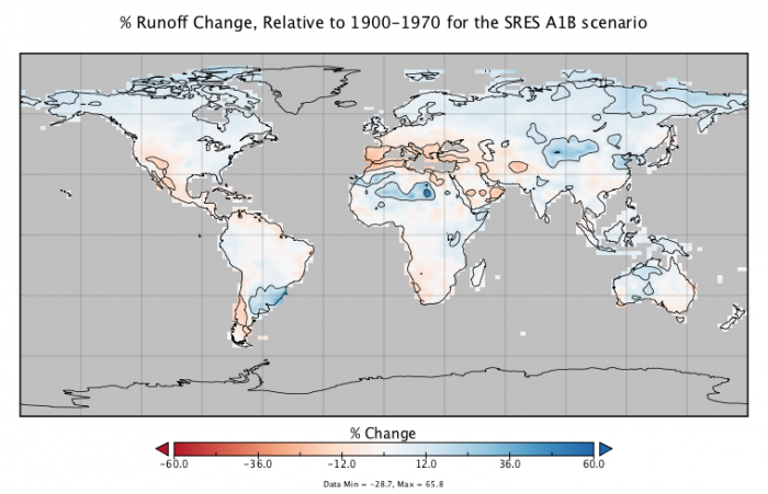 Map to show % runoff change relative to 1900-1970 for the SRES A1B scenario.