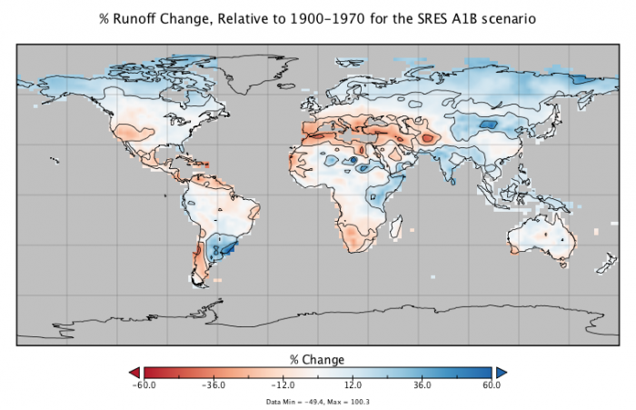 Map to show % runoff change in 2050 relative to 1900-1970 for the SRES A1B scenario.