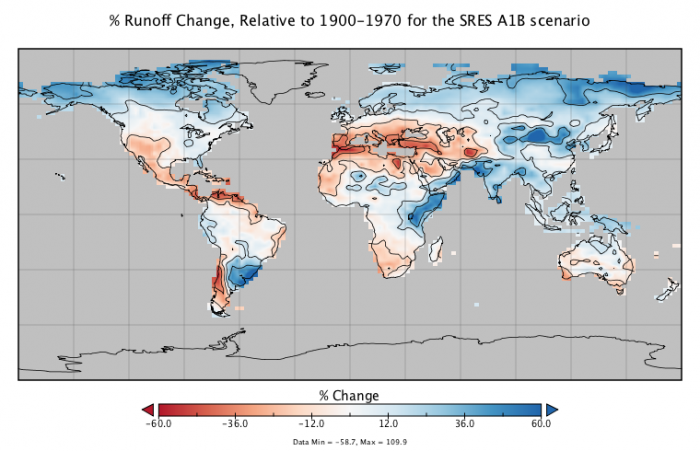 Map to show % runoff change in 2080 relative to 1900-1970 for the SRES A1B scenario.