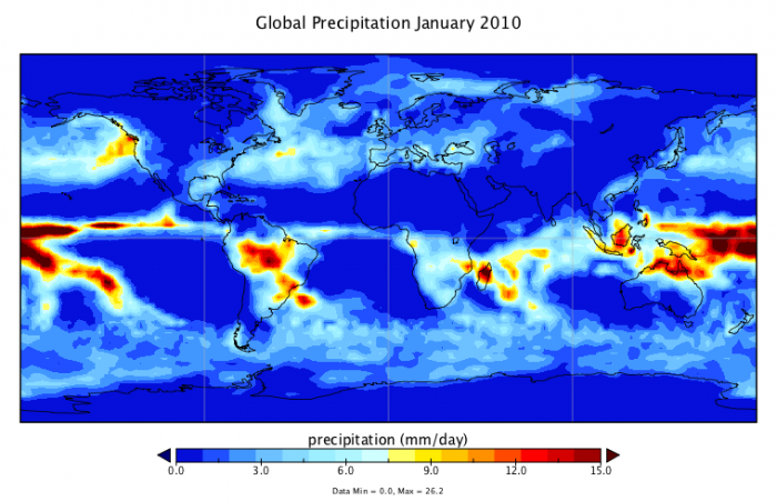 Graphic image of world map to show global precipitation for January 2010