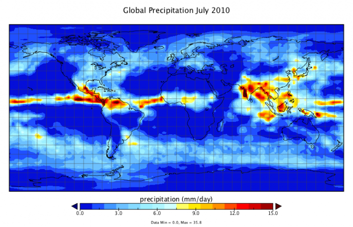 Graphic image of world map to show global precipitation for July 2010
