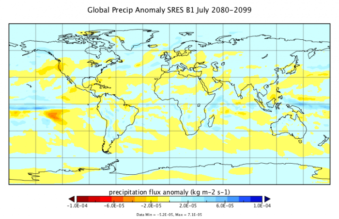 Map to show the Global Precipitation Anomaly SRES B1 for July 2080-2099.