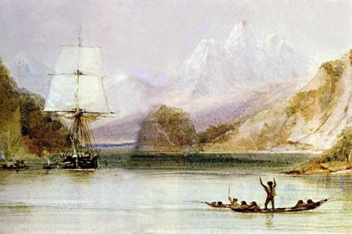 Artists rendering of the HMS Beagle off Tierra del Fuego, South America in 1833