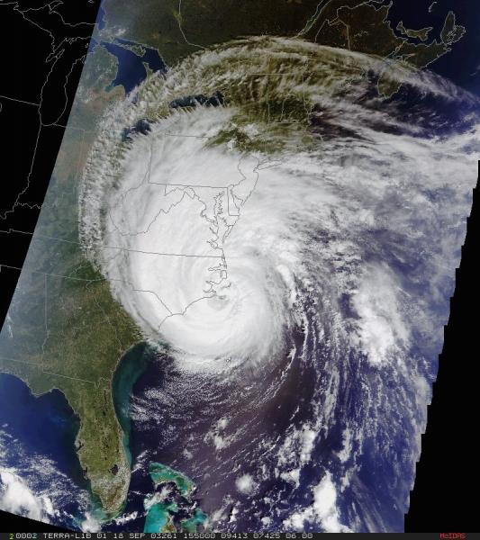 Satellite image of Hurricane Isabel washing ashore in North Carolina, September 2003