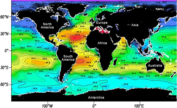 Colored world map of average sea surface salinity