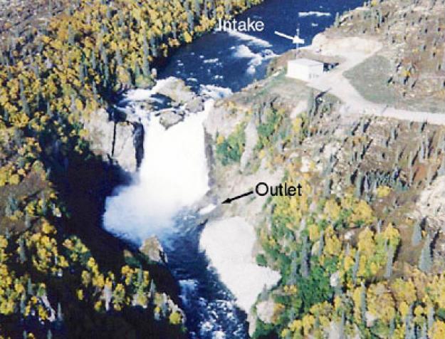 Diversion dam. Water falls naturally, no infrastructure. Intake diverts some water and outlet releases it at the bottom of waterfall