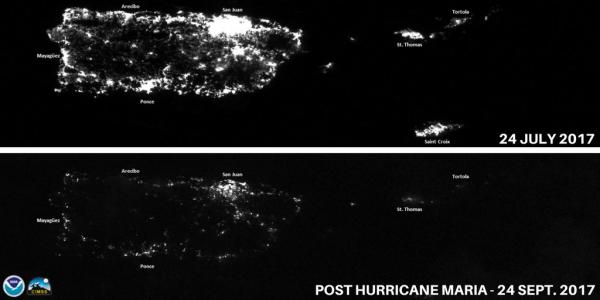 Map of electrical power: 24 July 2017 (pre-Hurricane Maria) lots of light & 24 September (post-Hurricane Maria) very little light.