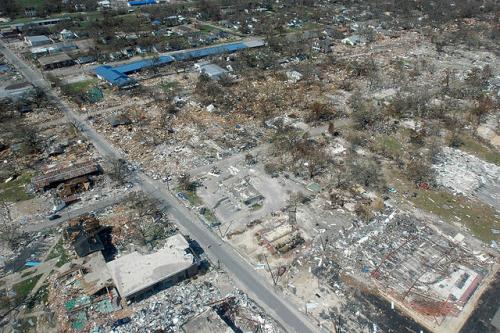 Destroyed businesses and municipal buildings from Hurricane Katrina