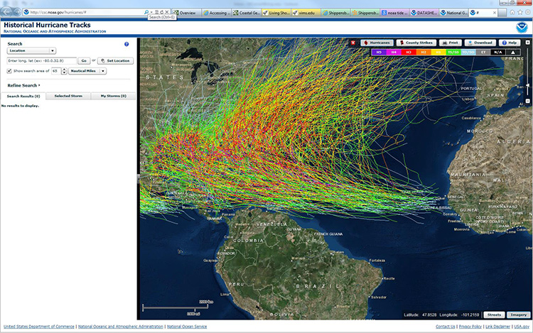 Screenshot: countless hurricane trajectory lines sweep from Cape Verde area through Caribbean and up U.S. and Canadian east coast.