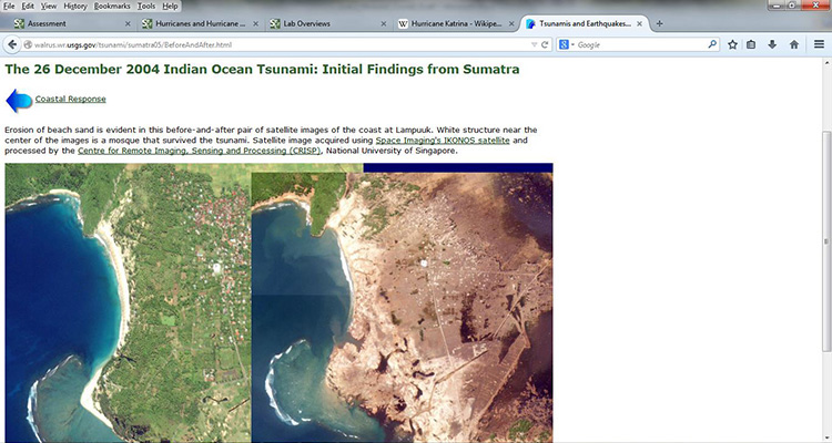 Left image of verdant coastal region. Right image of same region appears desolate.