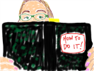 Drawing of woman holding book: "How To Do It!"