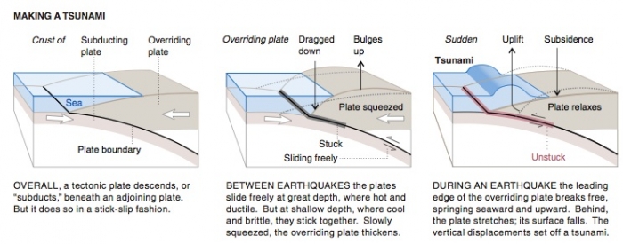 three panel timestep cross-section of how a tsunami is created at a subduction zone. More info in text description below