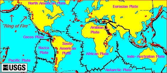 World map showing plate boundaries