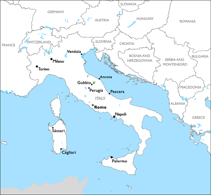 map of Europe with the Italian town of Gubbio marked