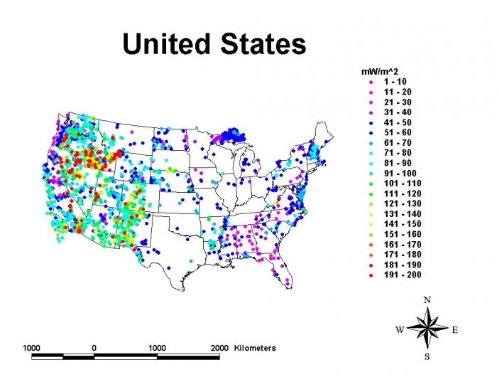 Borehole heat flow data for U.S. (Contact your instructor if you are unable to see or interpret this graphic.)