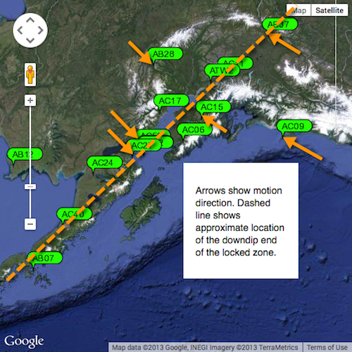 map of Alaska with GPS stations and arrows showing crustal motion