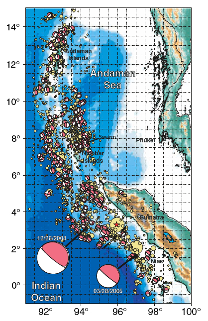 beachballs showing focal mechanisms of aftershocks of Sumatra-Andaman earthquake 2004