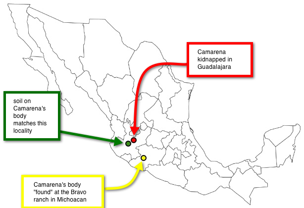 map of mexico with three locales from the reading assignment designated.