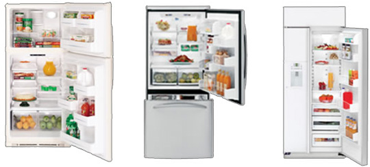 Three types of refrigerators. Top mounted (freezer on top), bottom mounted (freezer on bottom), and side by side (freezer next to refrigerator).