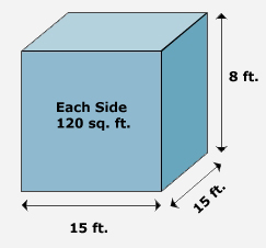 Cube, Height = 8 ft, Width = 15 ft, Depth = 15 ft, each side = 120 sq ft.