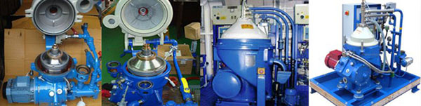 Various industrial size centrifuges for biodiesel separation, blue cylinder with white cone cap