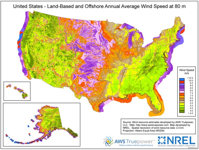 Onshore and offshore average wind speeds in the U.S. Highest speeds along coasts and in central plains