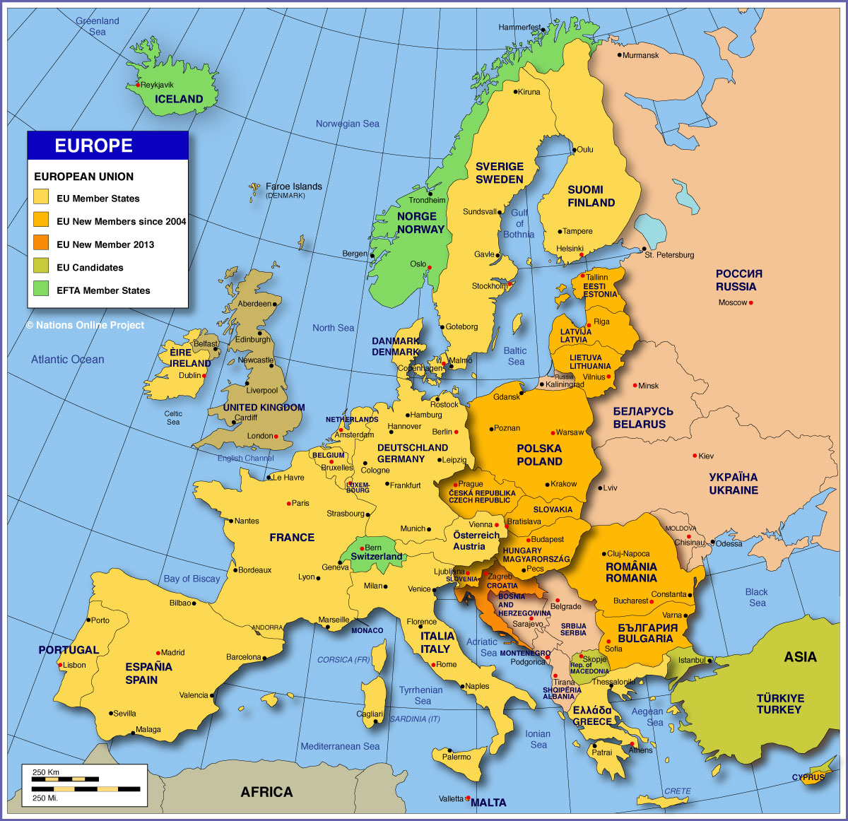 Map of member states of the European Union. See table in text below for text version.