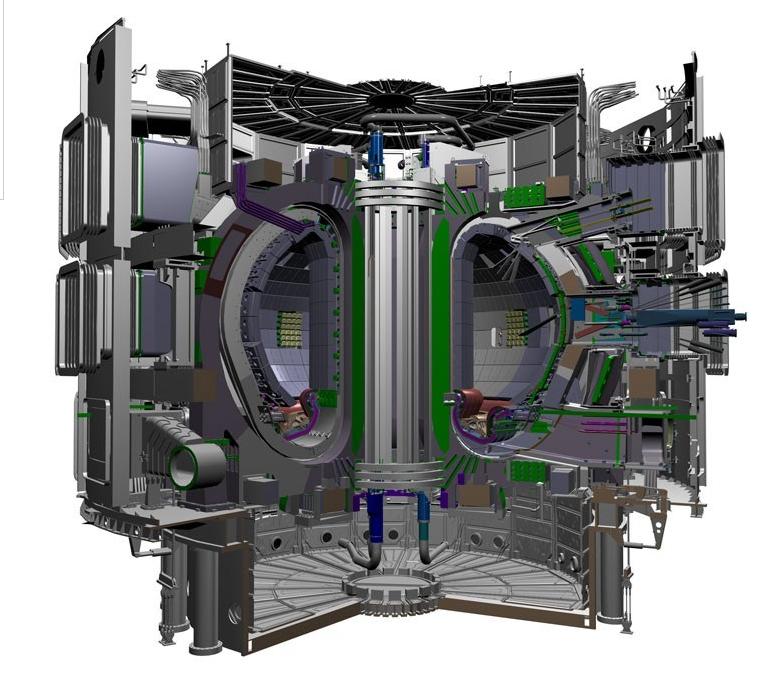 drawing of a tokamak, a chamber used for fusion reactions. Further described in caption