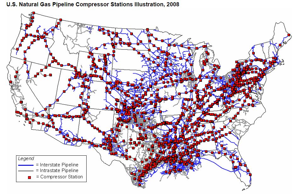USA map showing compressor stations throughout the U.S. All over. More on Eastern half of US. Lot between TX and great lakes