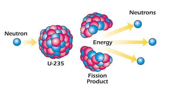 graphical depiction of fission, where one uranium 235 atom is split into several lighter elements, neutrons and energy