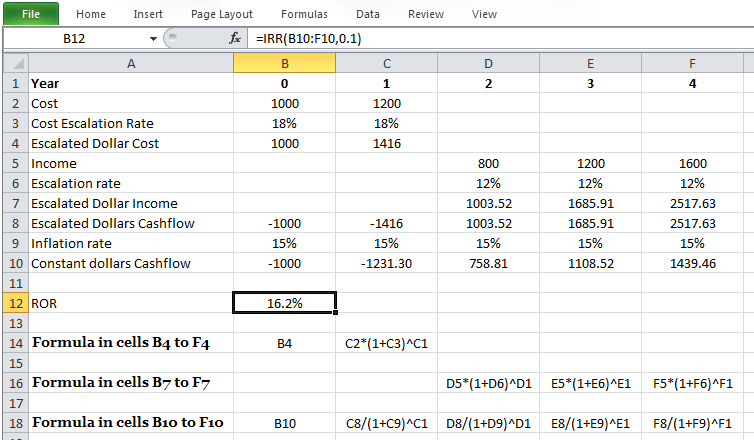 Excel screen capture of calculating ROR. Described in surrounding text