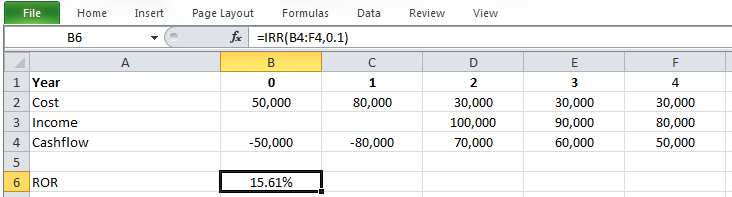 Excel screen capture of Calculating ROR