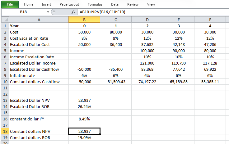 Excel screen capture of constant dollar analysis which is described in surrounding text