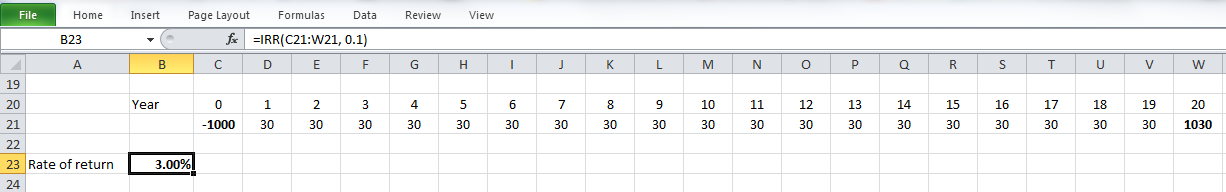 Screenshot of Excel doc showing how you can calculate rate of return using IRR function.