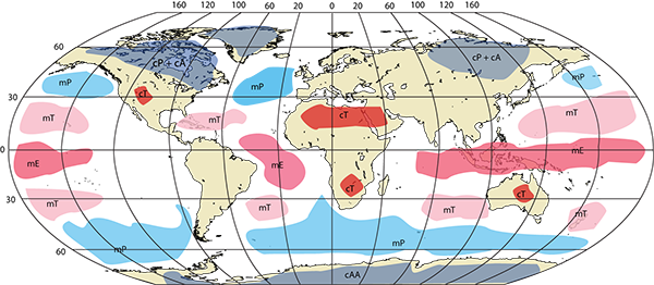 A map of the major Air Mass source regions. Image described adequately in caption.