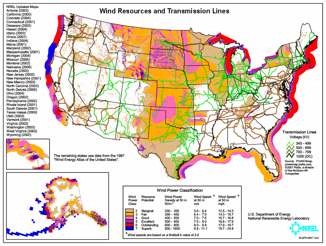 Wind resources in the U.S, best resources are generally on the coasts over water. Full description in caption.