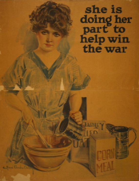 woman mixing in mixing bowl next to the words 'she is doing her part to help win the war'