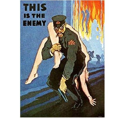 This is the enemy poster with enemy soldier carrying nude woman on his back