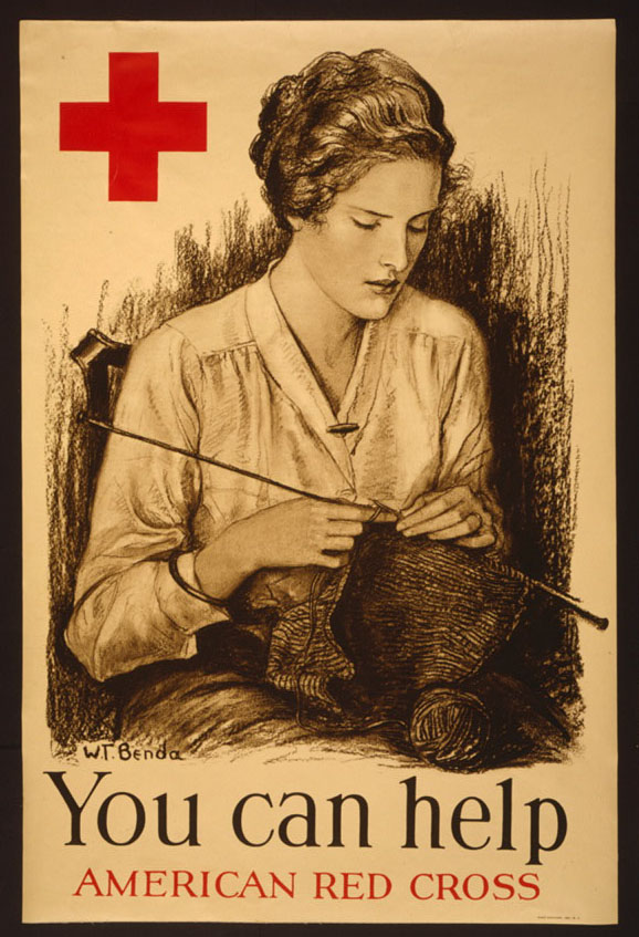 red cross poster saying you can help and picturing a woman knitting