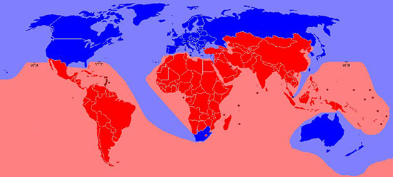 world map showing MEDCs and LEDCs. MEDCs are Russia, Australia, US and Europe. LEDCs include S. America, Africa, and Asia