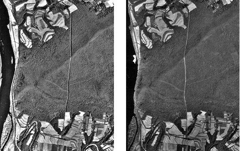 two aerial photos of the same powerline area taken from different points of view.