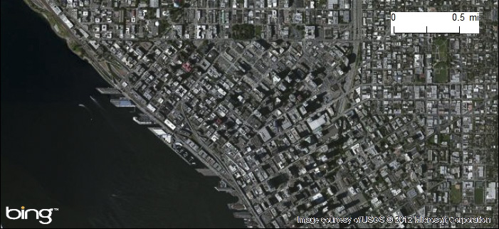 Aerial view of Seattle and street grids. More in text above. 